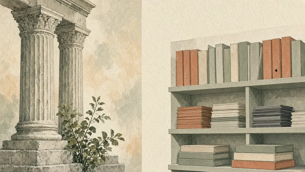 Editorial illustration of classical civic arches and balanced geometric blocks on textured cream paper