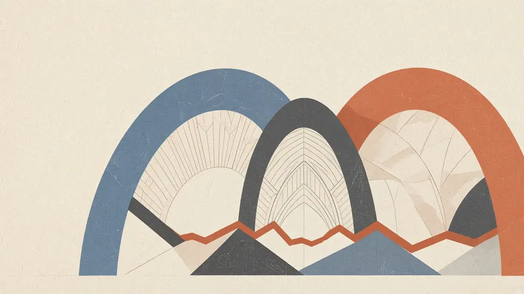 Editorial illustration of three interlocking architectural courtyards with an open gate on warm paper