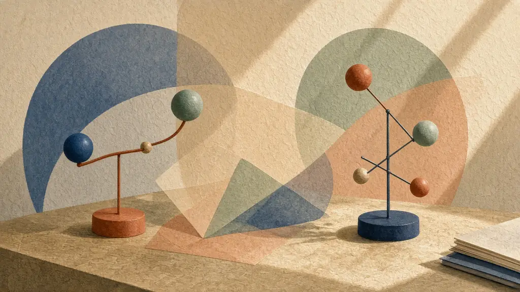 Editorial illustration of two acoustic tuning forks and a brass metronome on a sunlit wooden desk