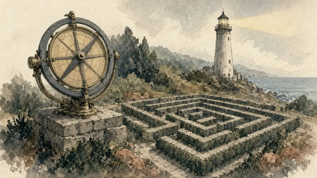 Editorial illustration of a classical observatory dome and brass balance scale on warm cream paper