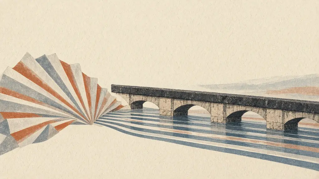 Editorial illustration of a folded paper accordion book beside a ceramic teacup on a wooden table