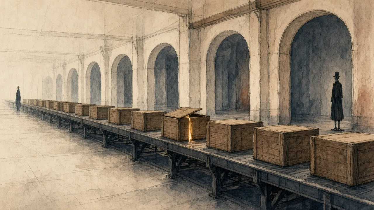 Ink-and-wash illustration of wooden crates moving along a long conveyor through stone arches, one crate slightly open with warm light escaping, a butler silhouette standing by a doorway