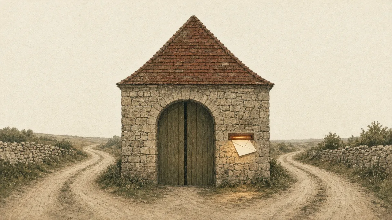 Risograph-style illustration of a stone gatehouse at a fork in two dirt roads, its heavy wooden gate shut while an envelope slides through a glowing mail slot