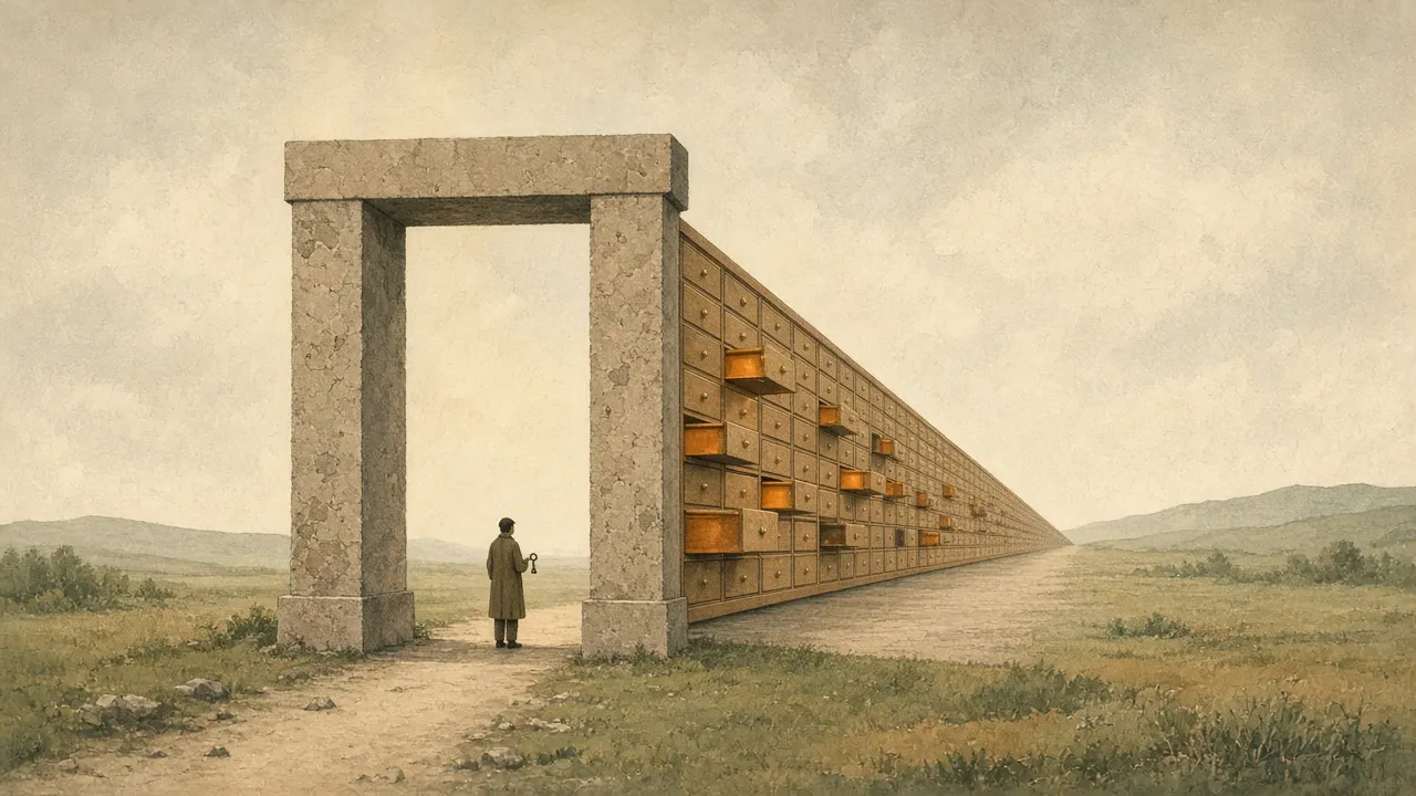 Gouache illustration of a lone stone gateway in a quiet field, with a long wall of wooden drawers stretching to the horizon, some drawers open and glowing, and a small figure holding a key at the threshold