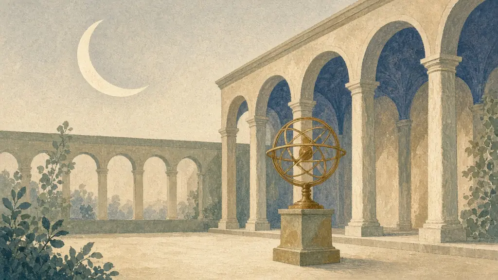 Editorial illustration of a waxing crescent moon reflected in a tranquil courtyard pool with three stone monoliths
