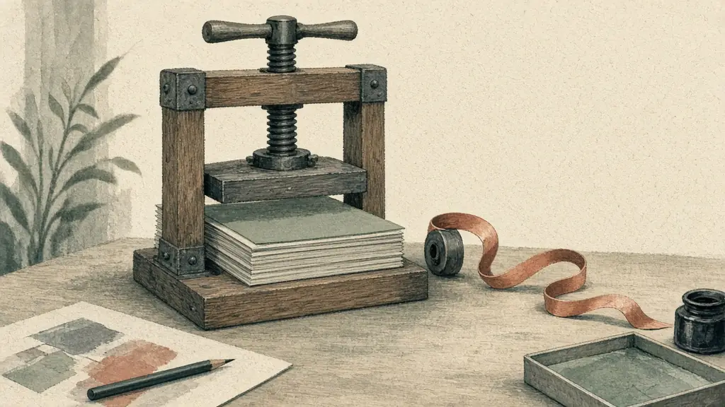 Editorial illustration of a vintage wooden bookbinding press clamping stacked paper sheets with an uncoiling terracotta ribbon