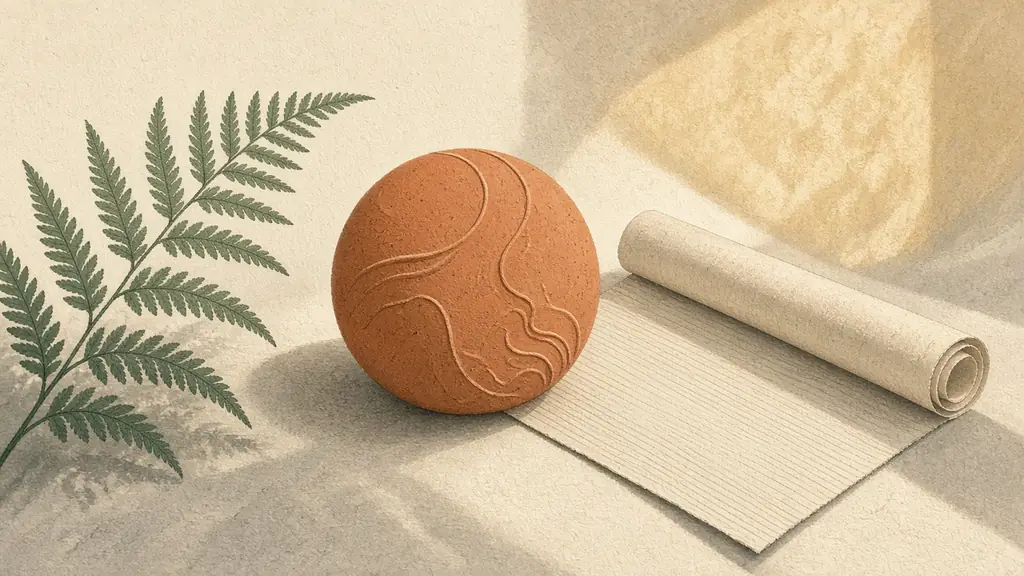 Editorial illustration of a botanical fern frond beside a relief terracotta sphere and unrolled paper scroll