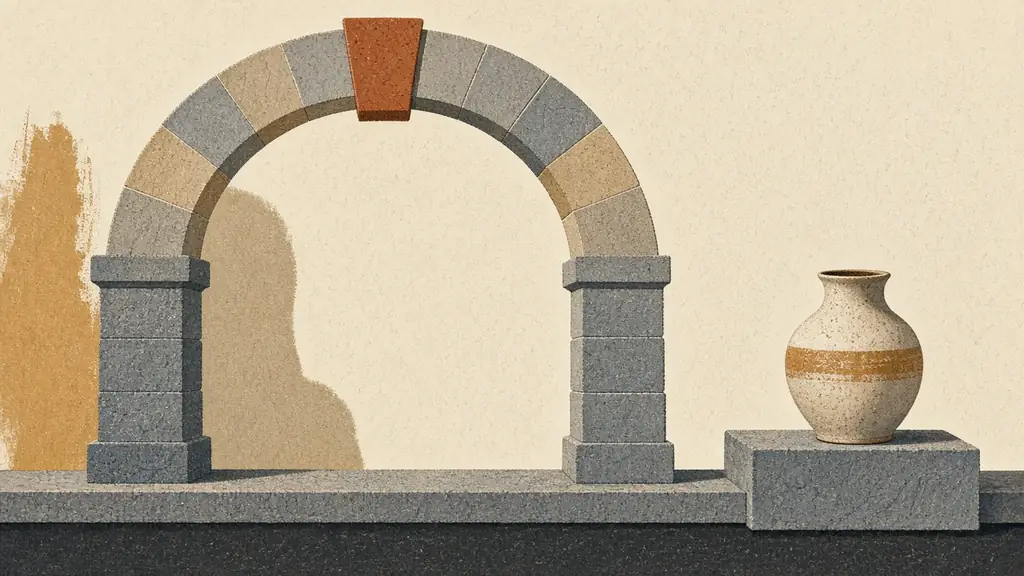 Editorial illustration of a stone archway with a shifted terracotta keystone beside a ceramic vessel