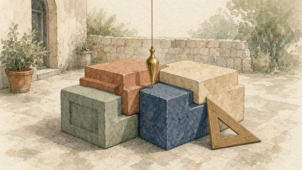 Editorial illustration of four interlocking masonry foundation blocks aligned by a brass plumb bob