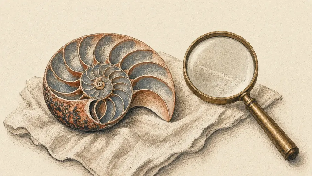 Editorial illustration of a chambered nautilus shell cross-section beside a brass magnifying glass on linen paper