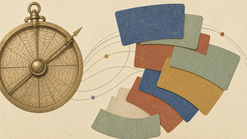 Editorial illustration of a brass astronomical astrolabe and layered index cards along orbital arcs