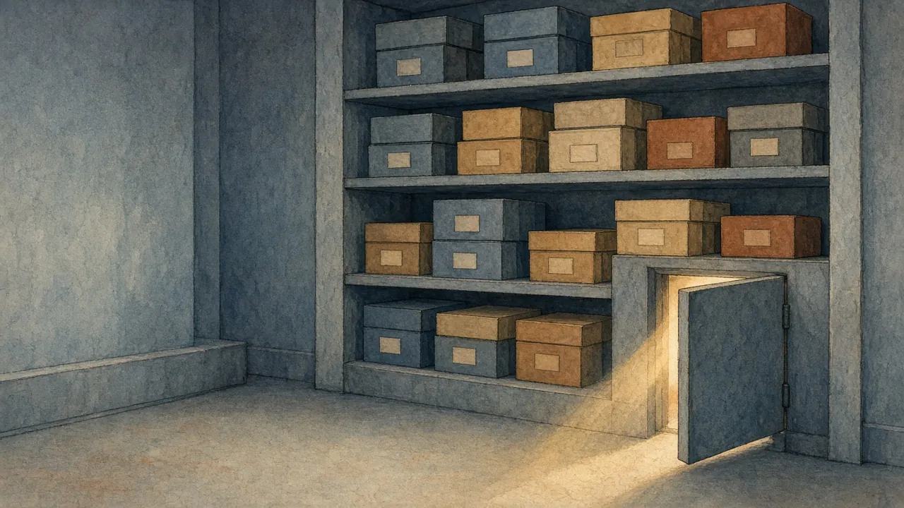 Editorial ink-and-wash illustration of an archive vault with neatly stacked boxes and a small side door left ajar, warm light spilling through